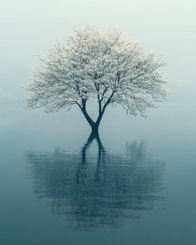 Small tree with white flowers in calm water reflection.