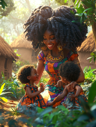 Smiling African woman with large hair plays with kids. Smiling African woman with large hair plays with kids.
