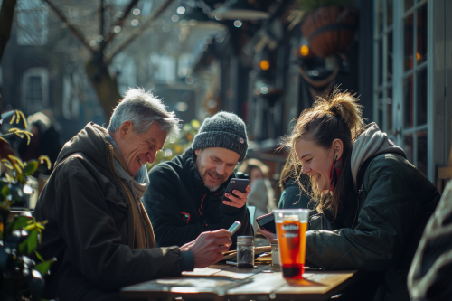 Smiling Friends at Sunny Pub Garden with Phones