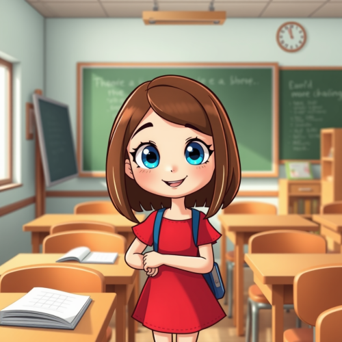 Smiling Girl in Red Dress in Cartoonish Classroom
