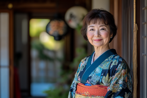 Smiling Japanese Landlady in Front of Traditional Building