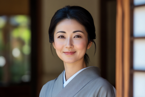 Smiling Japanese Woman in Traditional Kimono Standing