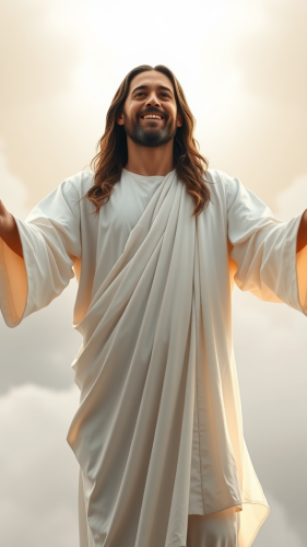 Smiling Jesus in White Heaven, Stretching Hands Downward