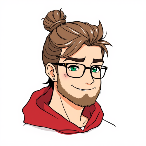 Smiling Man with Bun and Beard in Crimson Hoodie