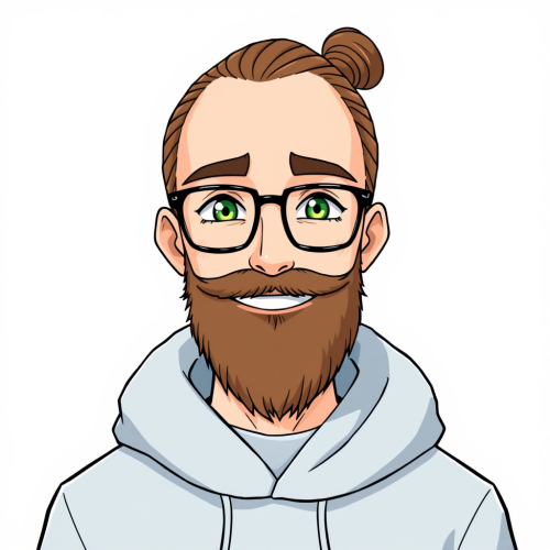 Smiling Man with Man Bun and Glasses, Anime Style