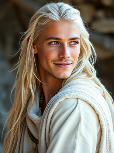 Smiling Young Man with Platinum Hair in Tribal Attire