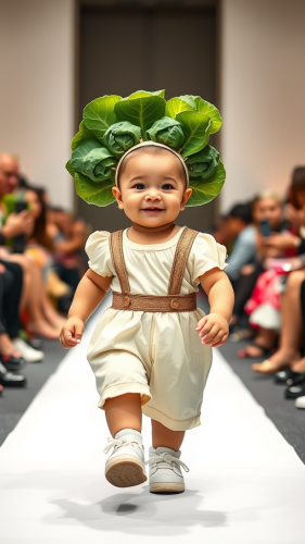 Smiling baby confidently walks on indoor fashion runway.