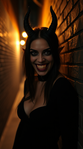 Smiling demon woman in dark alley