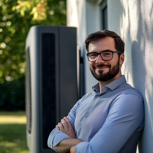 Smiling engineer next to heat pump at modern house