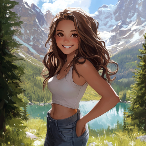 Smiling female hiker with long brown hair in mountains.