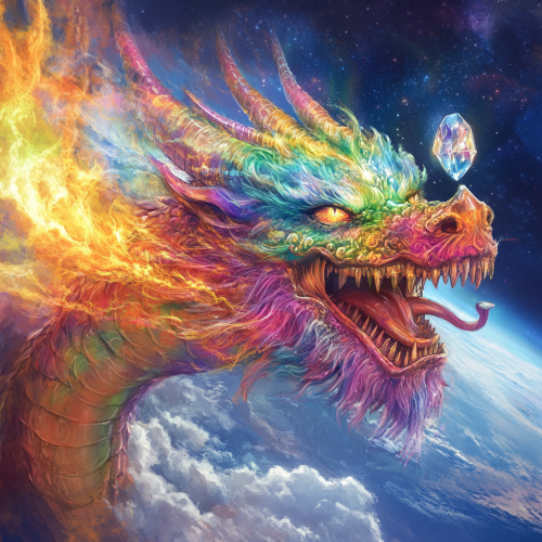 Smiling giant dragon with rainbow crystal eye in sky