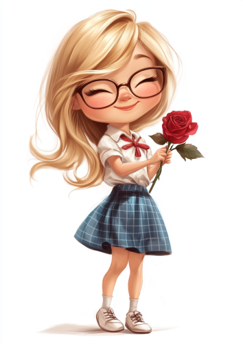 Smiling girl with glasses holding rose happily.