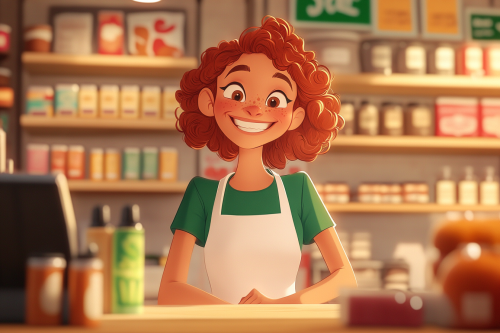 Smiling redhead woman selling items in store