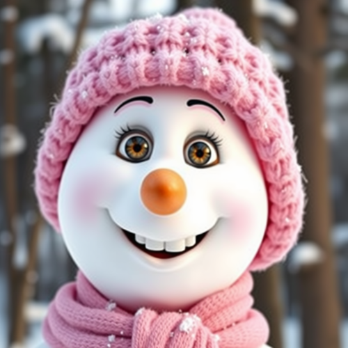 Smiling snowman with human eyes in pink outfit