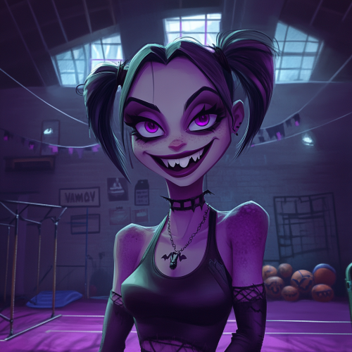 Smiling vampire girl in gym setting with sports equipment.