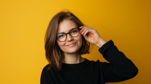 Smiling woman in black holds glasses on yellow background