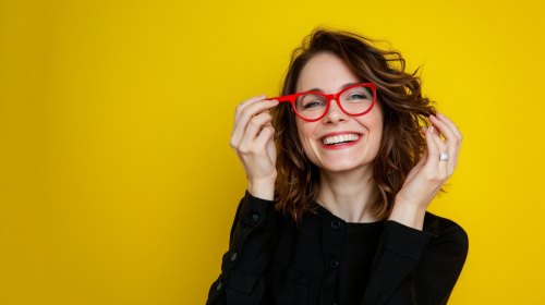 Smiling woman in black with glasses, yellow background