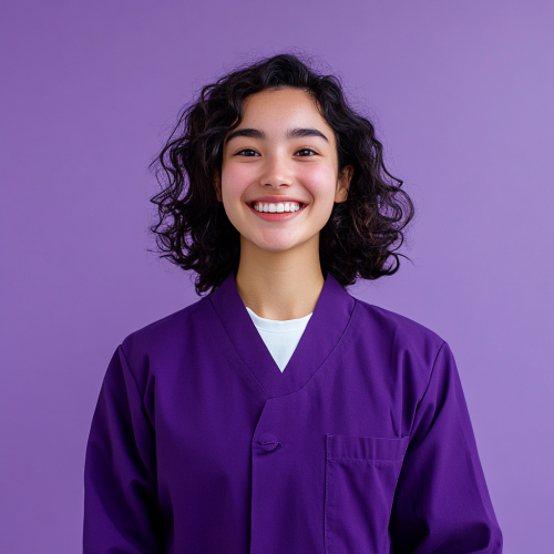 Smiling woman in dark purple lab coat. Bright lighting