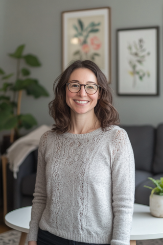 Smiling woman in grey room with plants and art.