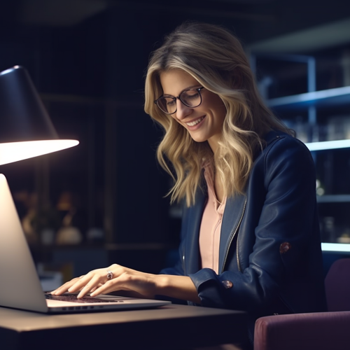 Smiling woman in office, typing on laptop, modern setting.