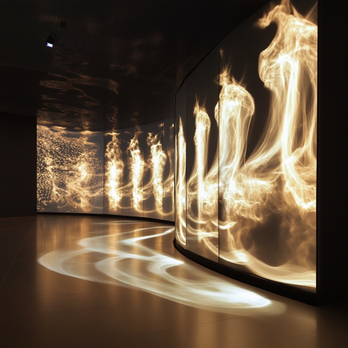 Smoke rings floating towards ceiling in front of video wall.