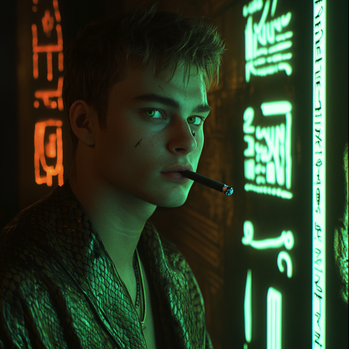 Smug young man in neon Egyptian cyberpunk scene