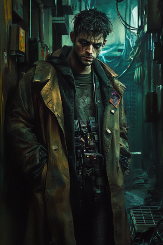 Sneaky street thief in dirty alley with tech gadgets