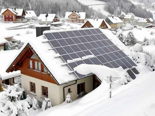 Snowy European rooftop shows working solar panels efficiently