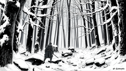 Snowy Japanese Forest: Samurai in Ink