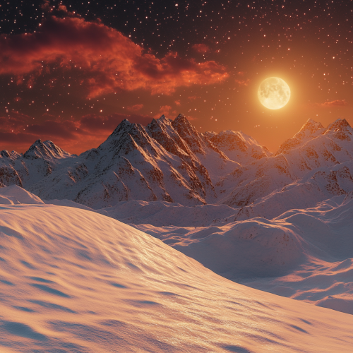 Snowy hill, mountain range under moonlit sky