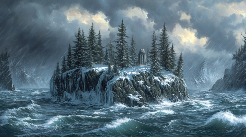 Snowy island with pine forests above stormy sea. Mausoleums. Snowy island with pine forests above stormy sea. Mausoleums.