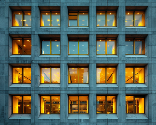 Socialist modernist building with gold windows in European city.