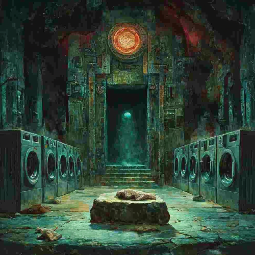 Socks on altar in front of washing machines.