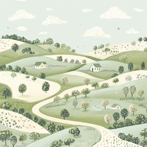 Soft, rolling countryside landscape with quaint houses in pastels. Soft, rolling countryside landscape with quaint houses in pastels.