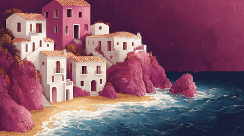 Soft blue sea, purple beach, white houses, bright colors.