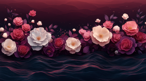 Soft blue sea, purple beach, white roses, bright.