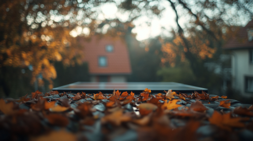Solar panels on German house roof, with blurred leaves