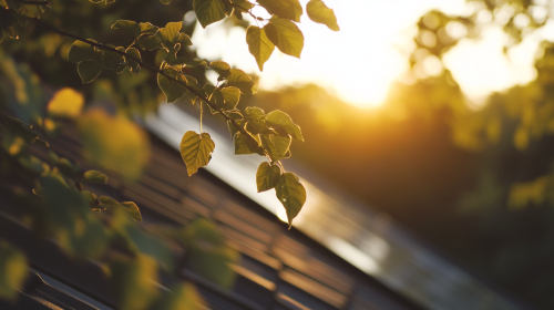 Solar panels on house roof at sunset with leaves