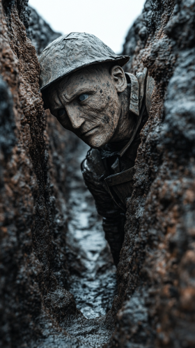 Soldier in WWI trench with elaborate papier-mâché dummy head.
