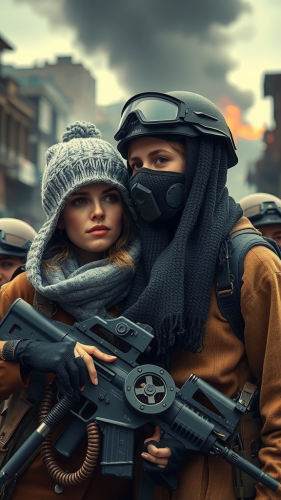 Soldier women wear masks in ruined city.