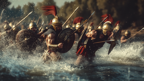 Soldiers crossing river under fire, arrows, falling. Desperation.