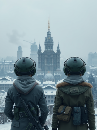 Soldiers in winter gear stand near damaged city.