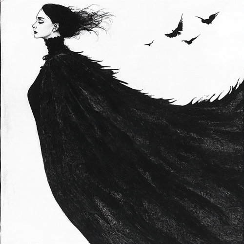 Solitary Woman with Dark Feathered Wings