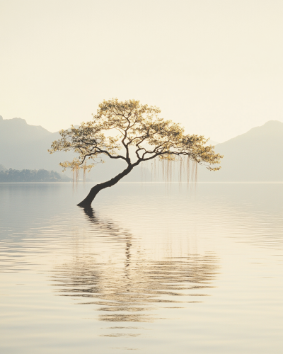 Solitary tree in vast lake, gentle sun backlighting.