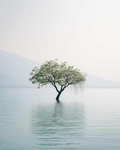 Solitary tree on vast lake, film photography effect, high-resolution.