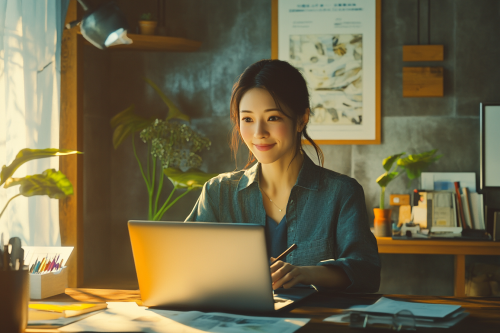 Sophisticated Japanese Woman Budgets on Laptop Brighly