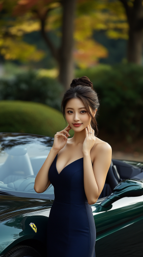 Japanese woman poses elegantly with Ferrari.