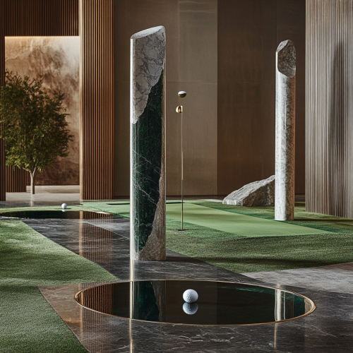 Sophisticated indoor putting green, art sculptures in refined setting