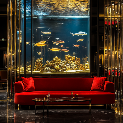 Sophisticated lounge with gold, black, and red decor.