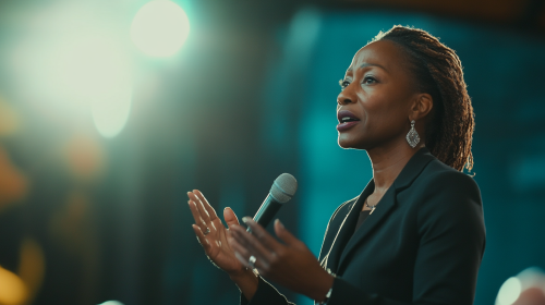 Speaker addresses audience in an event